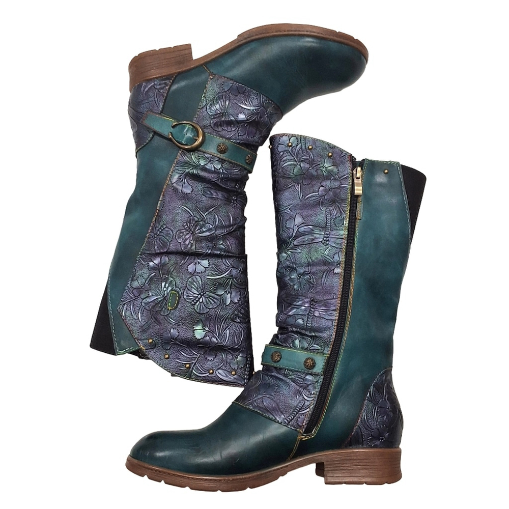 NWOT Leather Cowgirl Embossed Calf Boot~Peacock Green~Dragonfly~Whimsical~8.5 - Picture 3 of 7